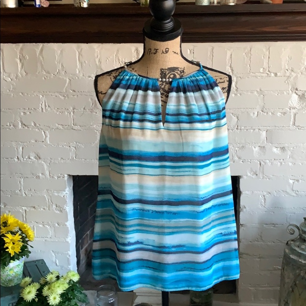 Turquoise and blue striped sleeveless tunic